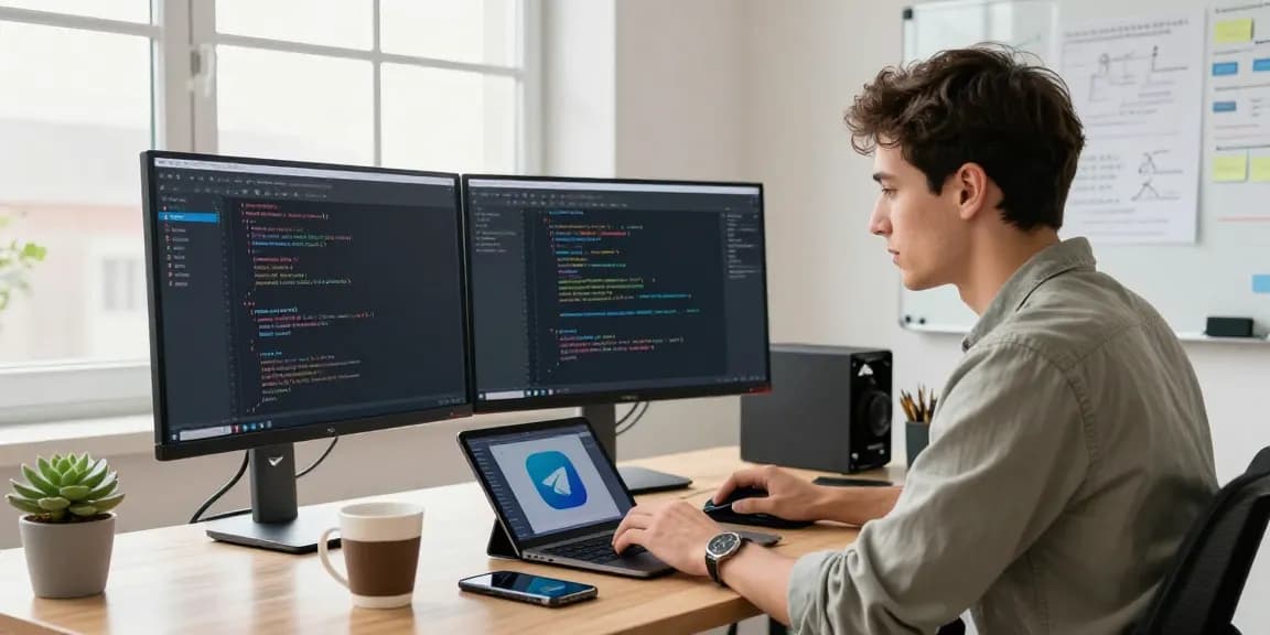 Focused developer using Telegram Web Version on dual monitors in a modern office setting, showcasing tech productivity.