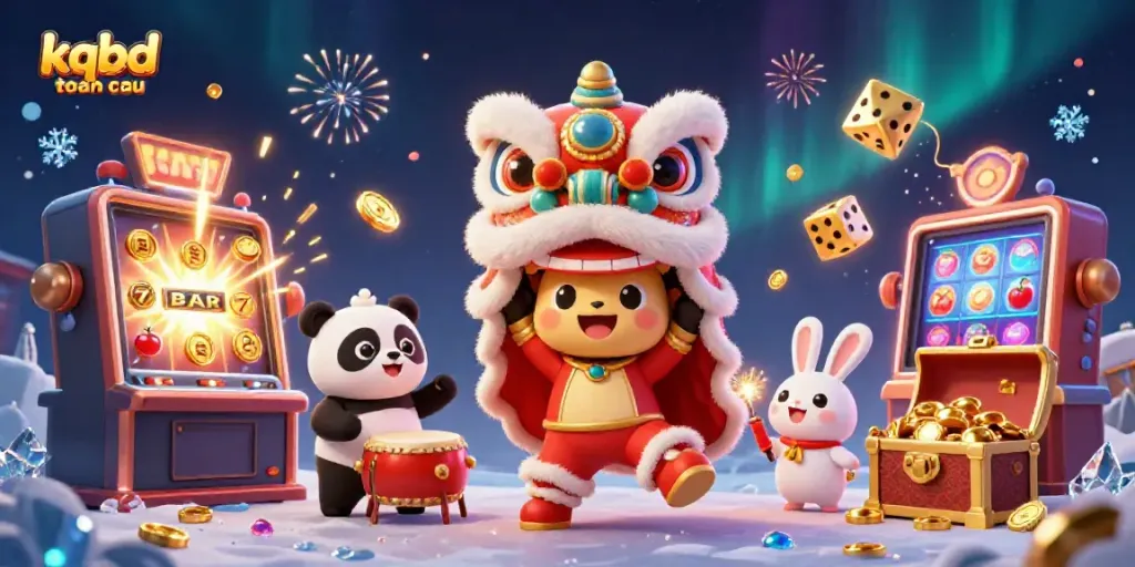 Engage with kqbd toan cau featuring a vibrant 3D scene of festive characters, jackpots, and casino elements.