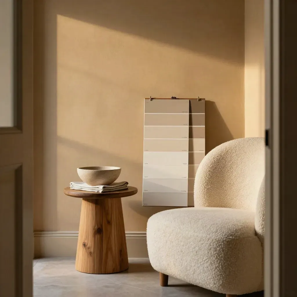 Warme zithoek met zandkleurige muur, bouclé stoel, eiken tafel en kleurstalenbord.