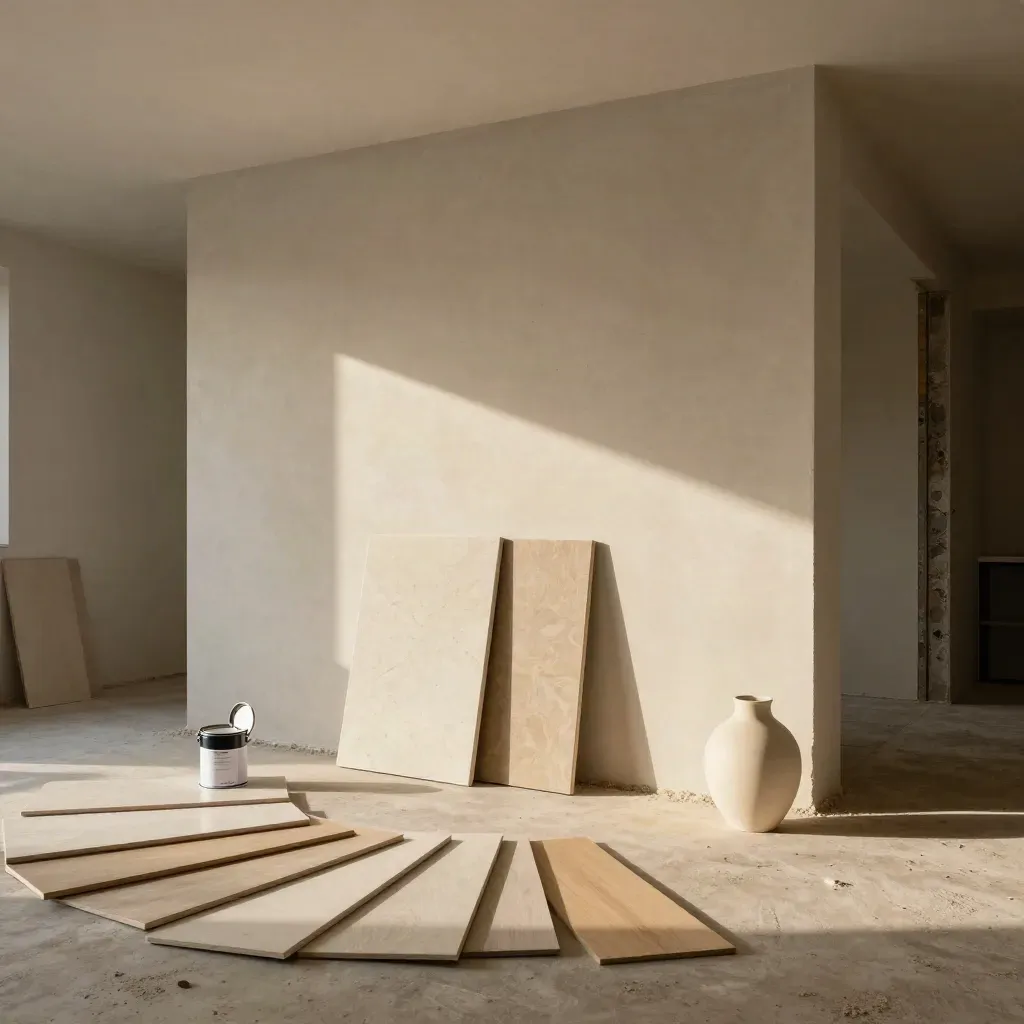 Nieuwbouwwoonkamer met kleurstalen, vloerplanken, verfblik en crème vaas in zacht stoflicht.