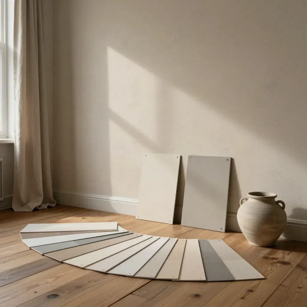 Utrechtse interieursetting met kalkverf, kleurstalen, eiken planken en zacht daglicht.