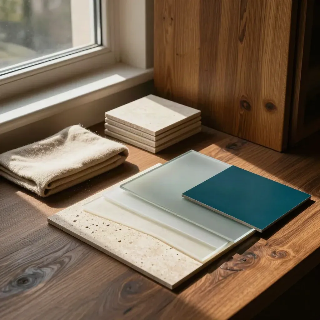 Op een vensterbanktafel liggen hout, kalksteen, wol en glas in een strakke materiaalstudie.