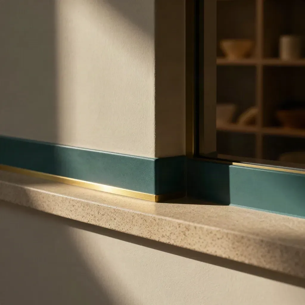 Close-up van een sfeervolle kleurconceptmuur met zand, teal en messingdetails in een interieur.