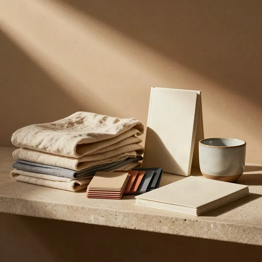 Stylingkit met stalen, linnen, folio en keramisch bekertje op een stenen plank.