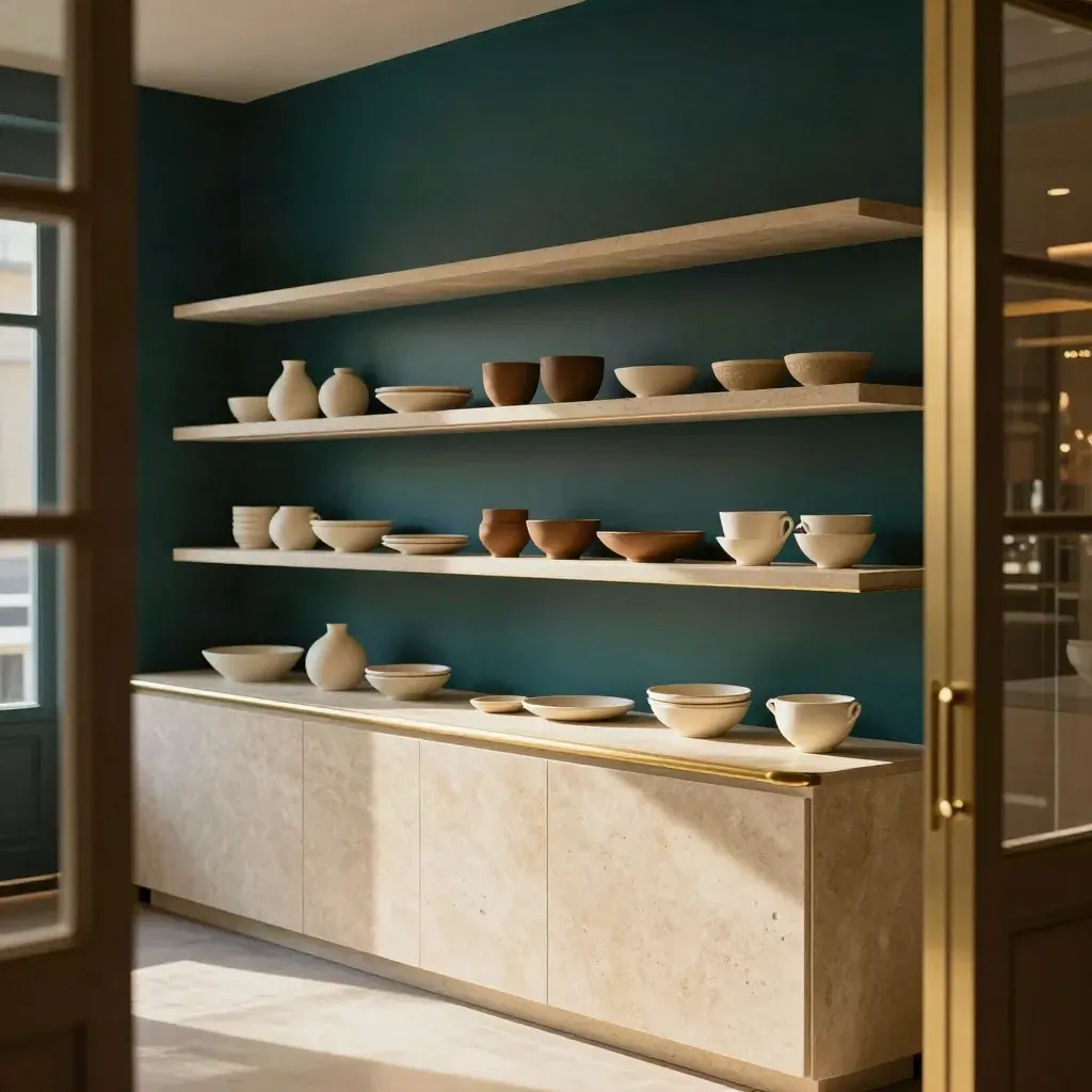 Boutique interieur met zandkleurige schappen, tealgroene wand en stenen toonbank.
