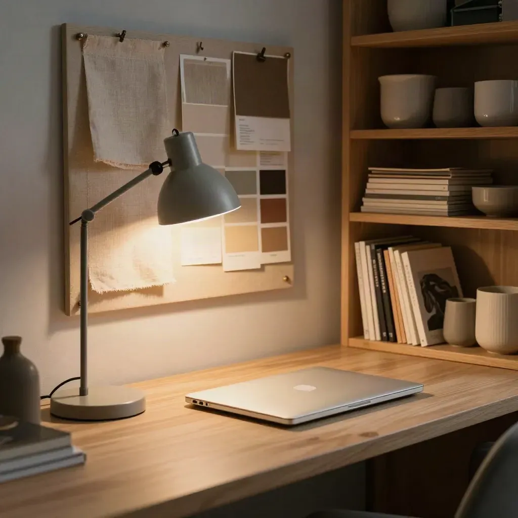 Thuiswerkplek met gesloten laptop, bureaulamp, kleurstalen en eiken planken in warm licht.