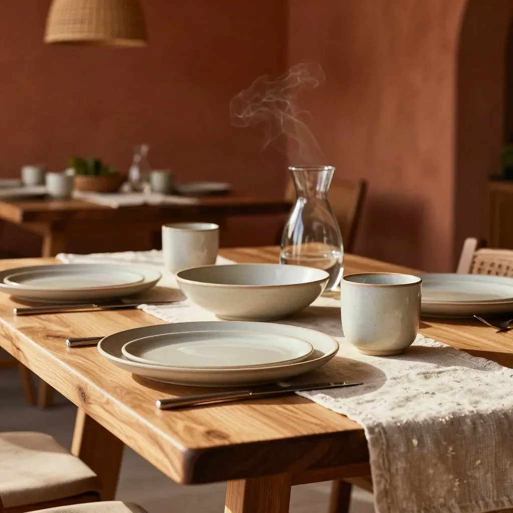 Terracotta lunchroom met keramisch servies, houten tafel en linnen stoelen.