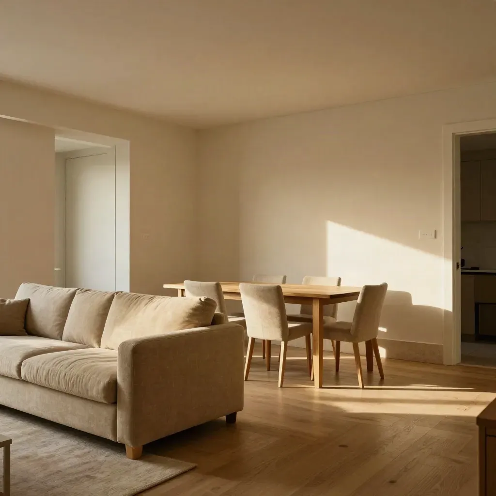 Nieuwbouwappartement met zandkleurige wanden, eiken vloer en rustige leef-eetzone.