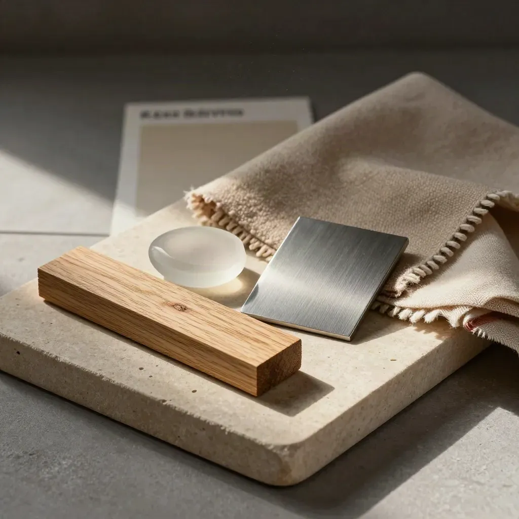 Vier kleurstalen op een stenen tray: hout, glas, metaal en wol in zacht licht.