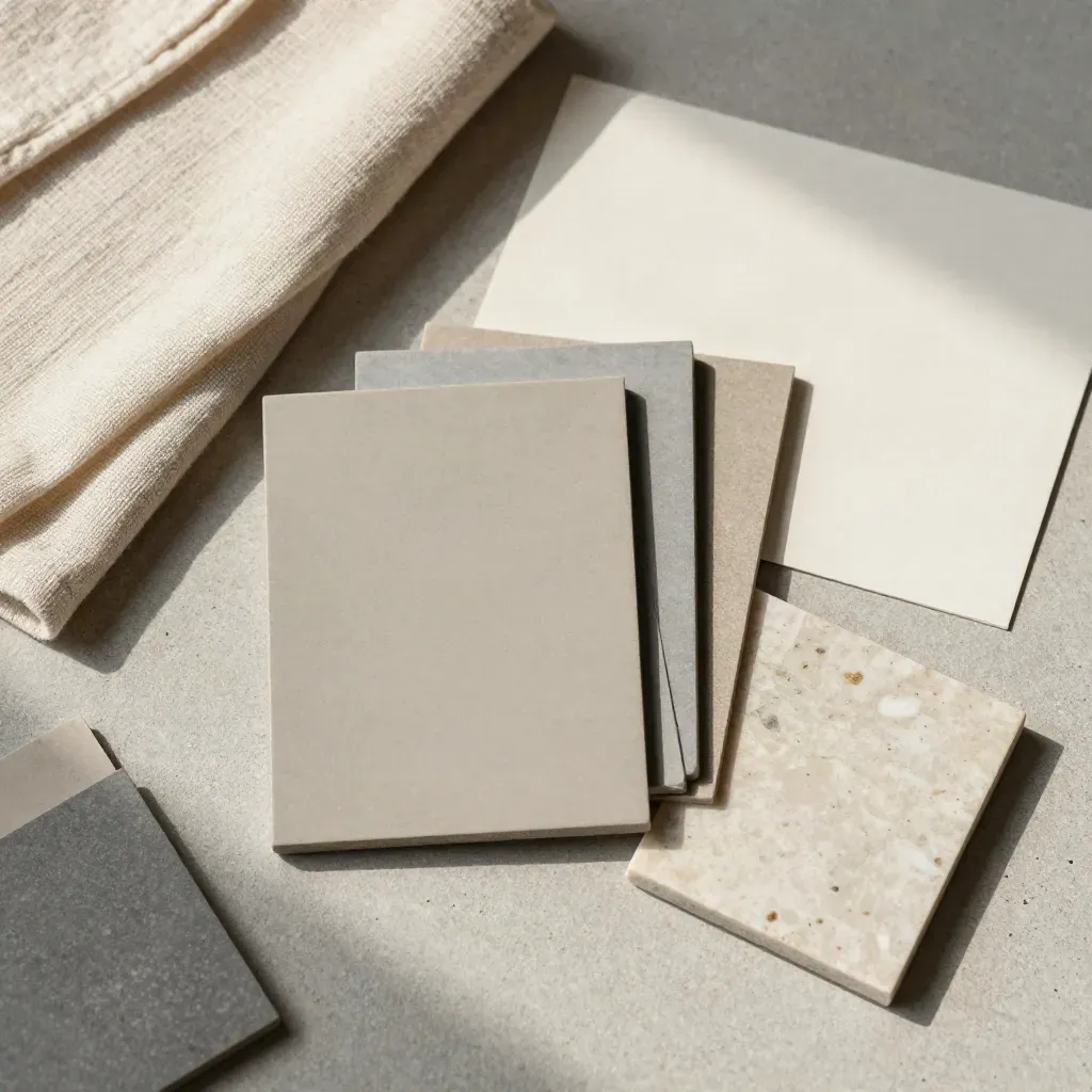 Overhead flatlay van kleurstalen, linnen en steentegel op beton in zachte neutrale tinten