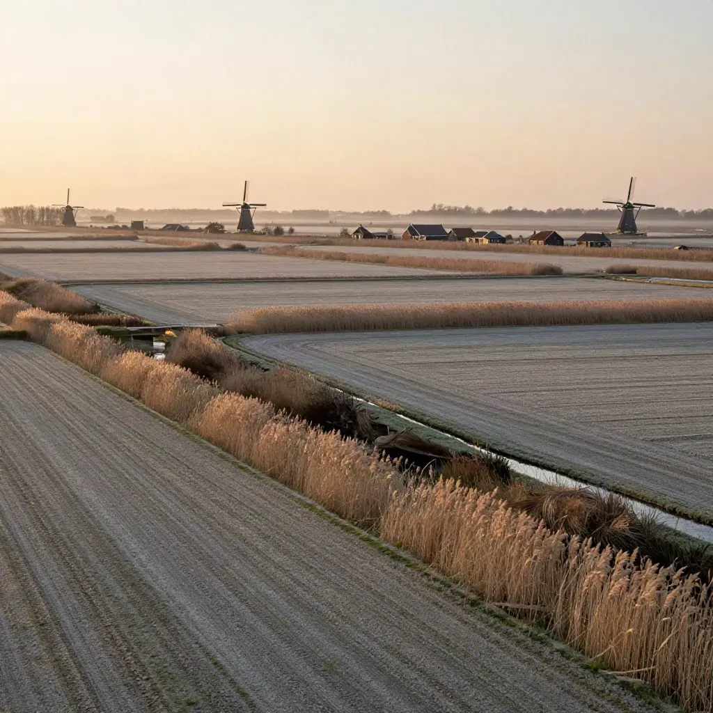 Noord-Hollandse polders met windmolens, riet en boerderijen in warm avondlicht.