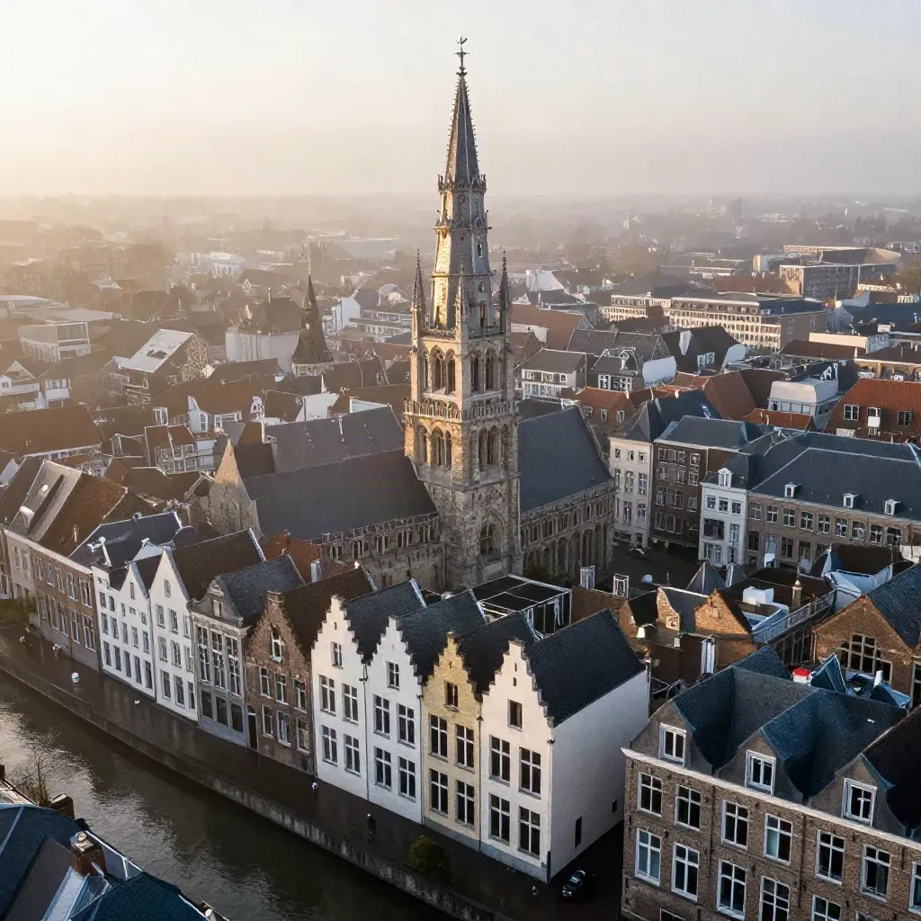 Domtoren boven stille grachten en nevelige daken in Utrecht.