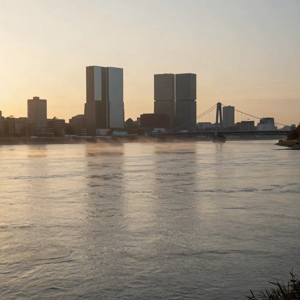 Rotterdam skyline in zachte avondnevel boven brede rivier vanaf een hoge oever