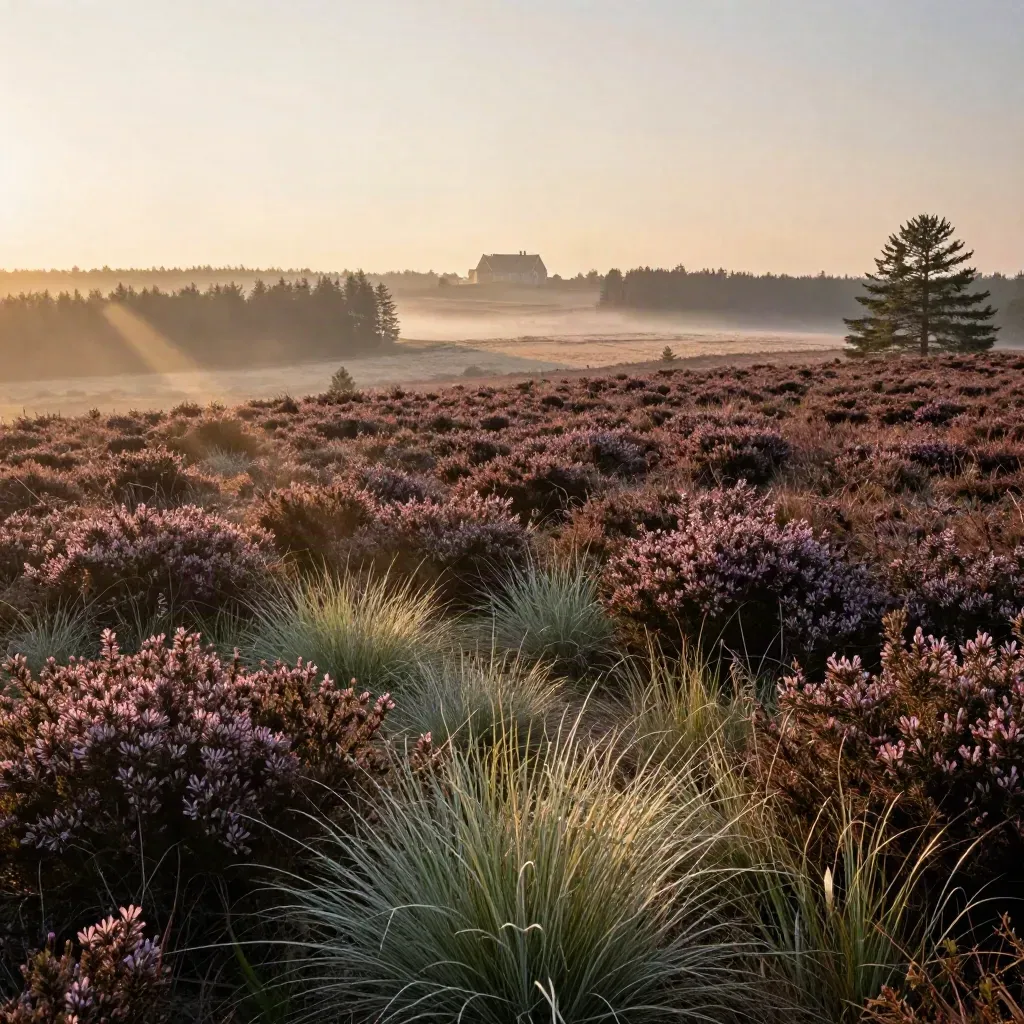 Veluwe-heide met mist, bosrand en een ver landgoed in warm ochtendlicht