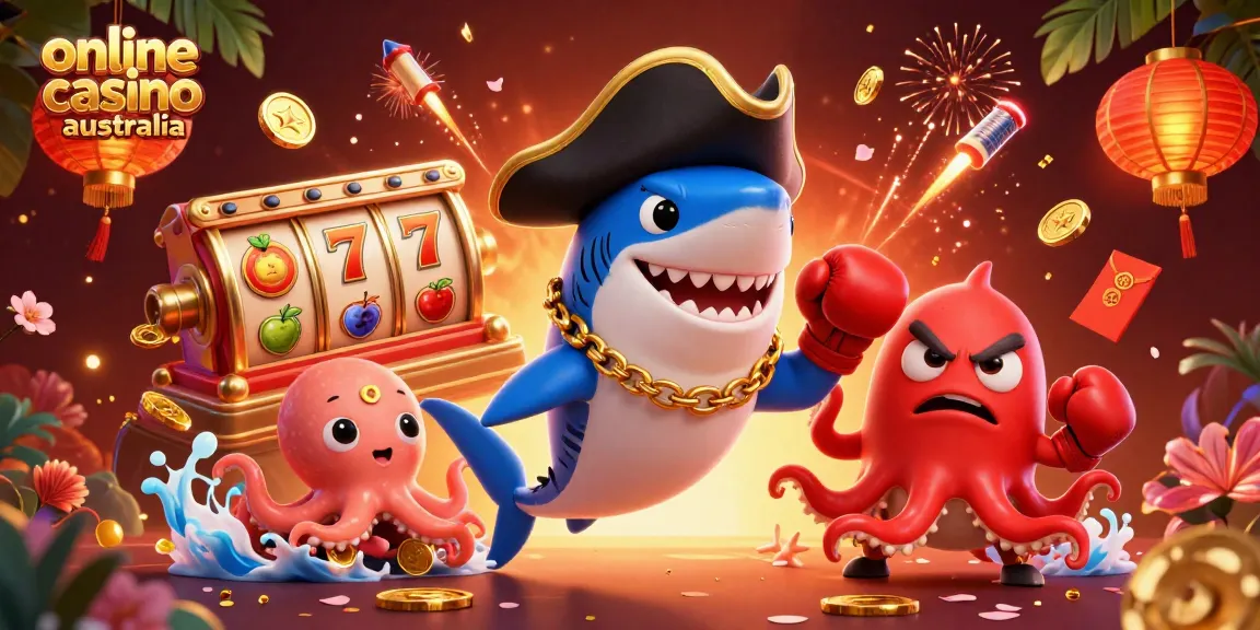 Play at engaging online casino Australia with this vibrant 3D scene of characters and lucky symbols.