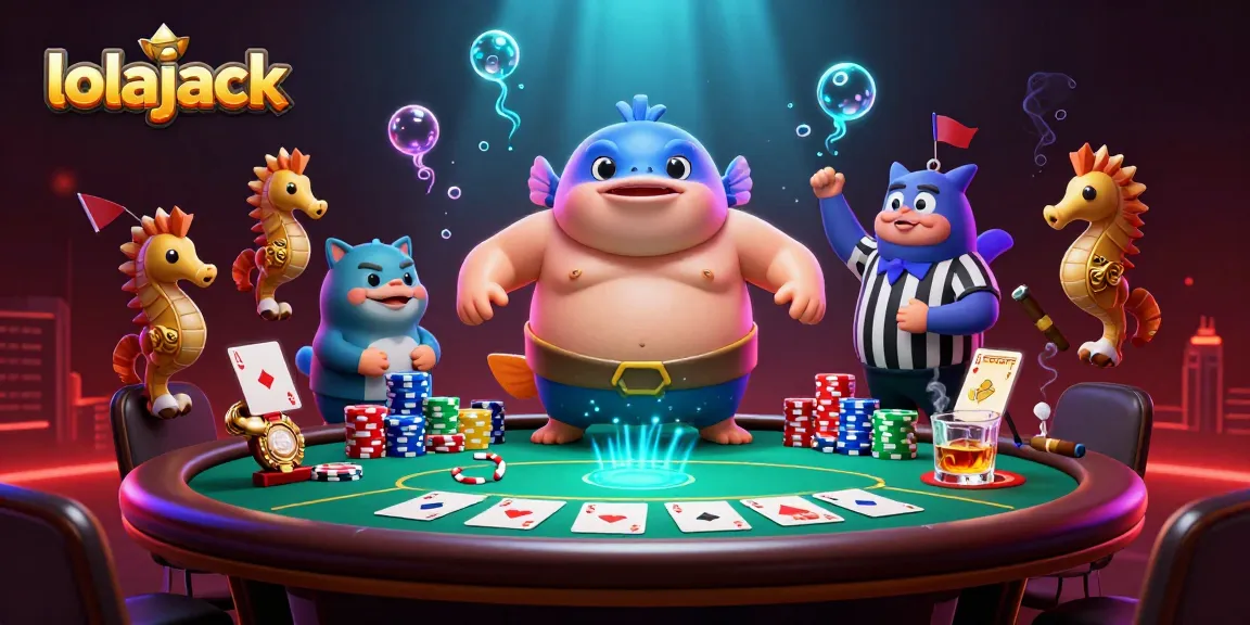 Experience the thrill of lolajack with a colorful 3D casino scene featuring a lively fugu, catfish referee, and poker elements.