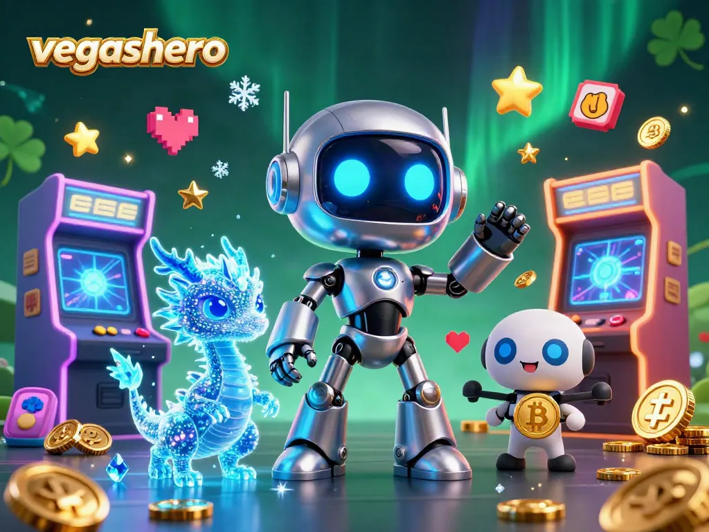 Experience thrilling gameplay at vegashero with colorful gaming elements and futuristic mascots.