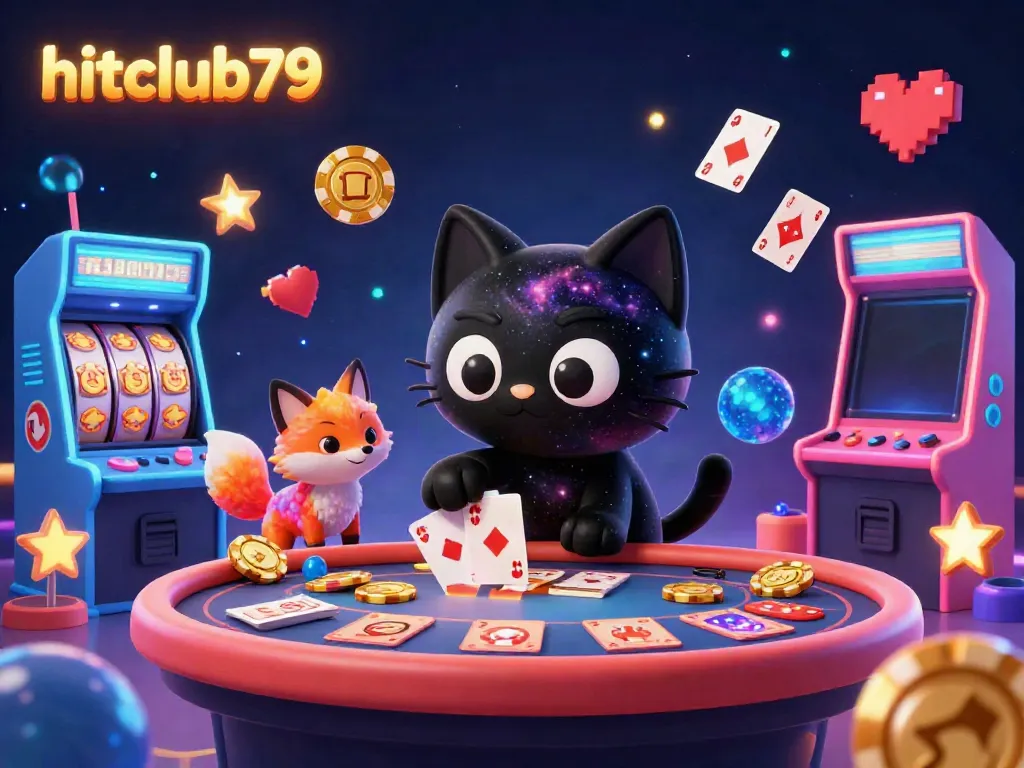Experience the thrill of hitclub79 with a cosmic cat attracting golden chips at a vibrant casino table.