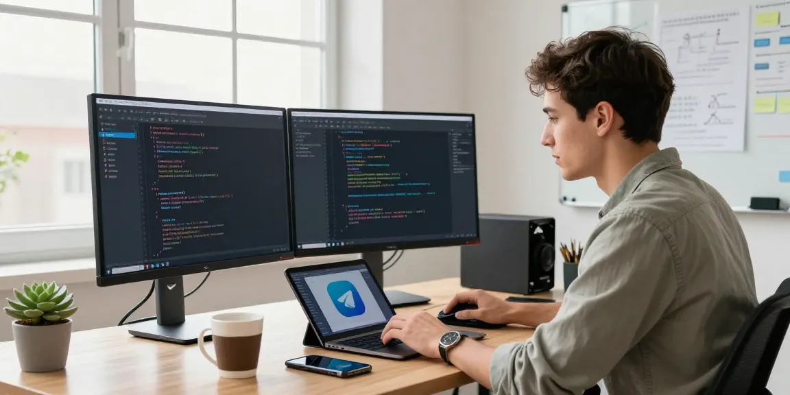 Focused developer using Telegram Web Version on dual monitors in a modern office setting, showcasing tech productivity.