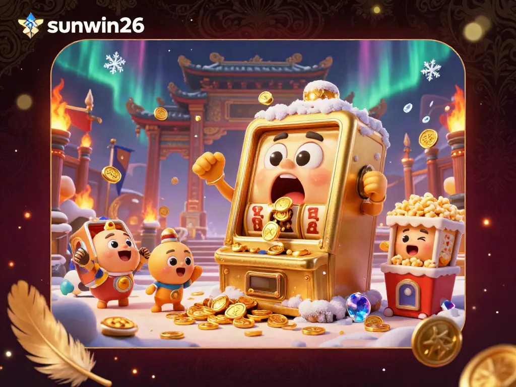 Spin to win at sunwin26 with vibrant jackpot action featuring a golden slot machine in a lively casino setting.