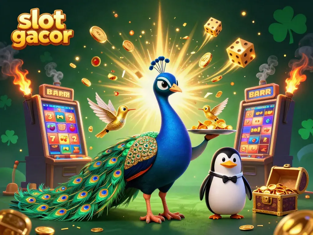 Showcase slot gacor with a lavish peacock, butler, and hummingbird amidst a jubilant casino scene.