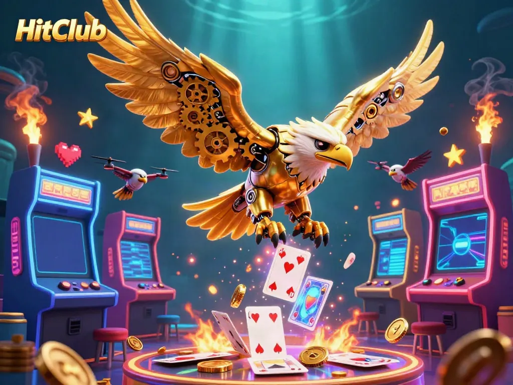 Engage in the HitClub casino adventure with a golden eagle amid holographic cards and arcade machines.