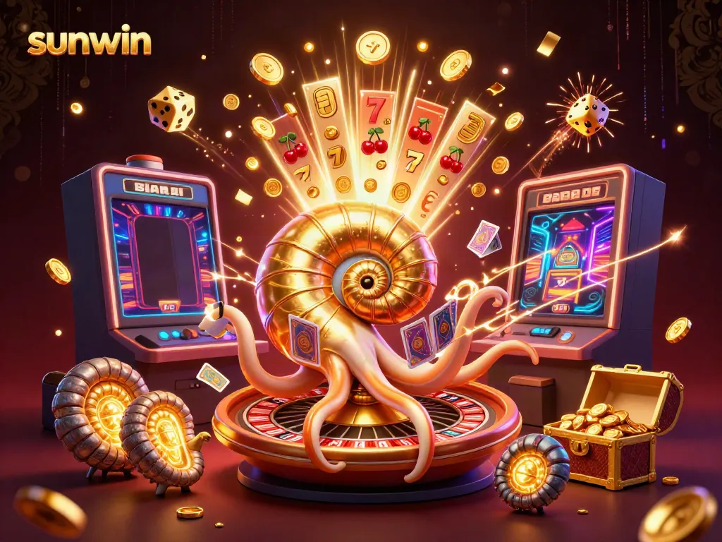 Experience the thrill of sunwin gaming with a vibrant 3D illustration showcasing a nautilus roulette wheel and slot machine action.